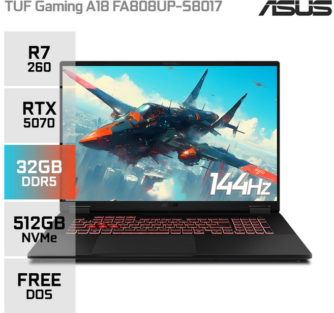 에이수스 TUF 게이밍 A18 FA808UP-S8017 AMD 라이젠7 260 지포스 RTX5070 고사양 게이밍 노트북, Free DOS, 32GB, 512GB, 블랙