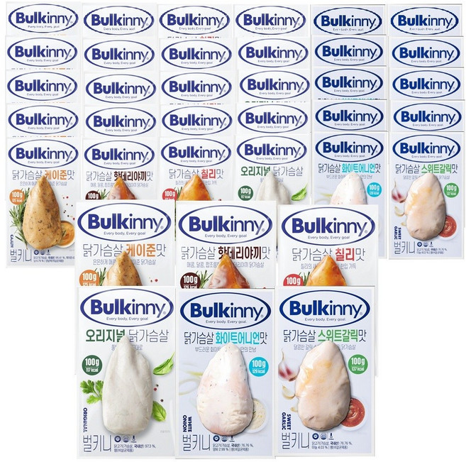 벌키니 통 닭가슴살 6종 혼합(케이준 오리지널 핫데리야끼 칠리맛 화이트어니언 스위트갈릭), 30개, 100g