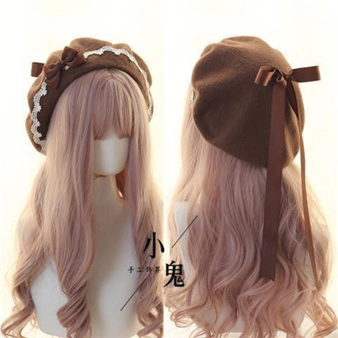 少女心甜美手作蕾絲蝴蝶結毛呢貝雷帽 秋冬保暖