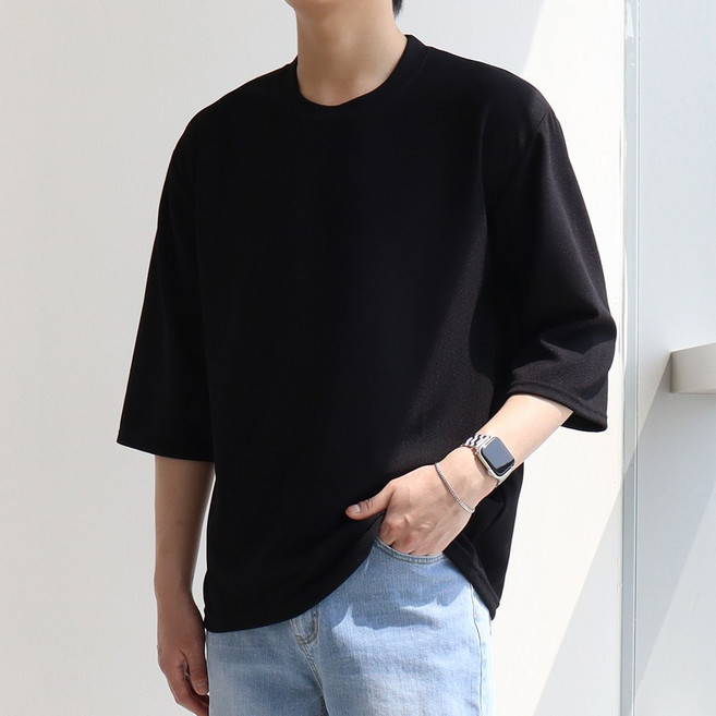 지지블랙 남성용 냉감 통기성 테리 아이스 쿨 주름 제로 링클프리 라운드 빅사이즈 7부 티셔츠