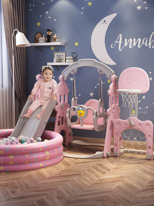 더류현 볼풀 예쁜 핑크색 놀이터 유아전용 미니놀이터 플라스틱 미끄럼틀 유아용 가정용놀이터, 1개, 뉴캐슬핑크 클래식 2-in-1 B