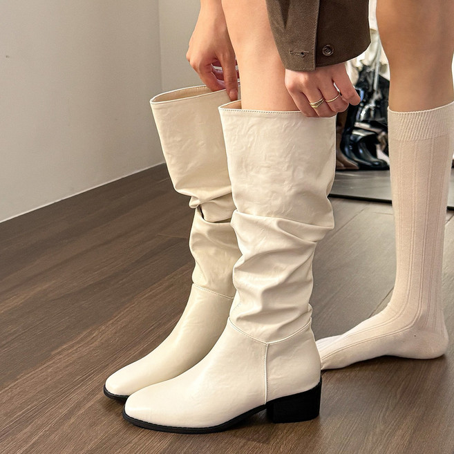 에쥬아 여성 셔링 부츠 가죽 미들 부츠 스퀘어 구두