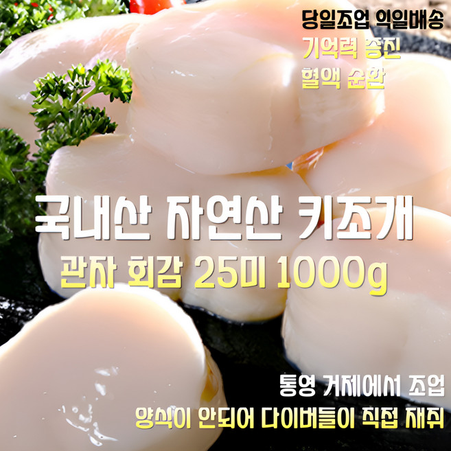 [산지직송] 국내산 자연산 새벽조업 당일배송 통영 최고급 키조개 생관자 횟감 25미 1000g 특별요리 선물용 가정용, 1세트, 키조개 관자 횟감 25미 1000g