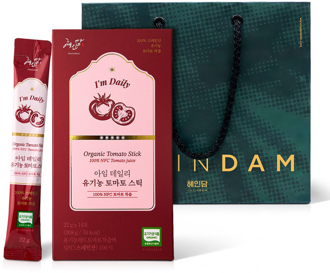 NFC 착즙 100% 유기농 토마토즙 혜인담 아임 데일리 유기농 토마토 스틱 +쇼핑백, 1세트, 308g