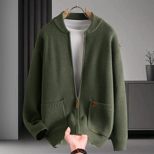 AOKADA 남성 봄 가을 루즈핏 집업 골지 니트 기디건 점퍼 아우터