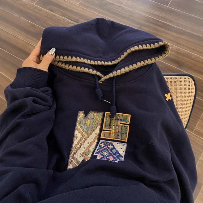 Asure 가을 겨울 후드티 빅사이즈 빈티지 자수 기모맨투맨