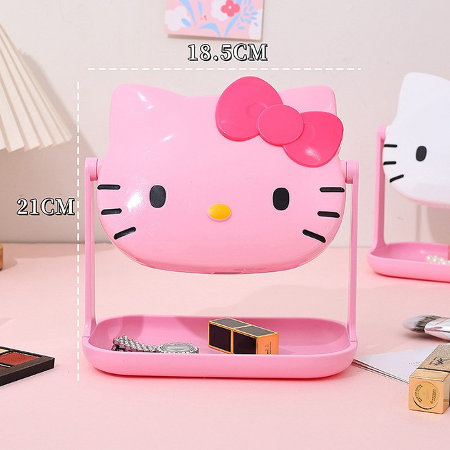산리오 헬로키티 탁상 스탠드 360도 회전 수납 화장대 거울, 핑크-핫핑크 리본