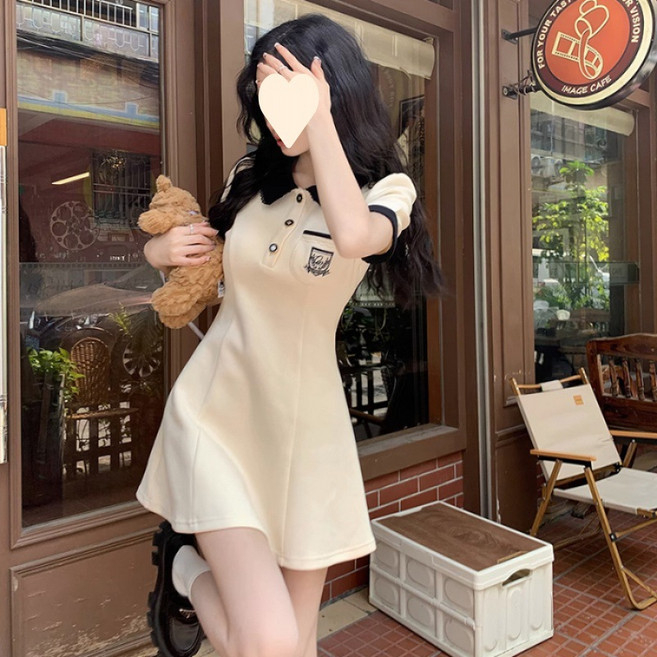 學院風甜美polo連衣裙夏季女小個子裙子收腰修身顯瘦黑色氣質短裙