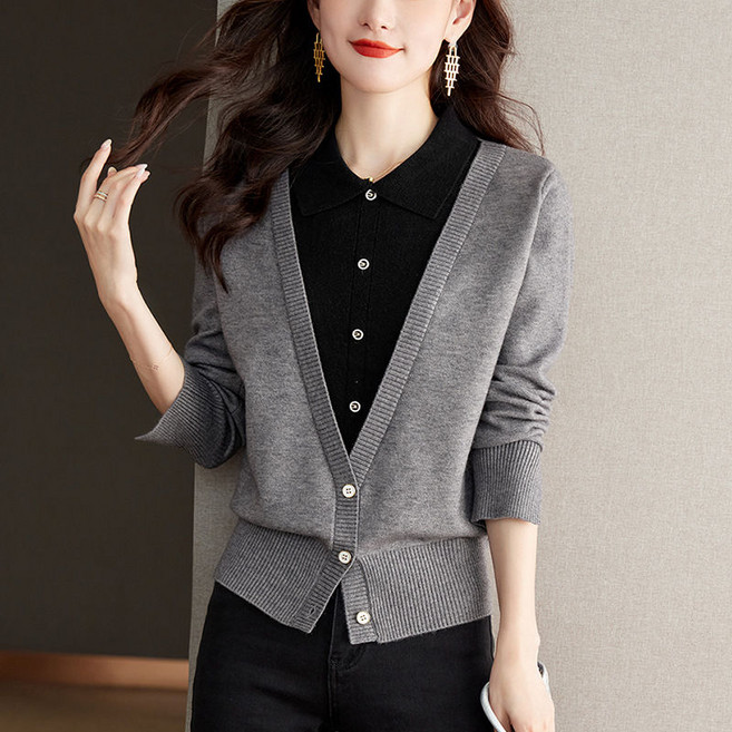 빅사이즈 카라넥 투인원 긴팔 니트 상의 레이어드 여성 오피스룩 데일리 캐주얼 루즈핏 부드러운 상의