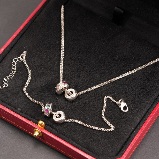 오누이디스플레이 여성 은도금 체인 목걸이 팔찌 세트 컬러 큐빅 링 포인트 데일리 주얼리