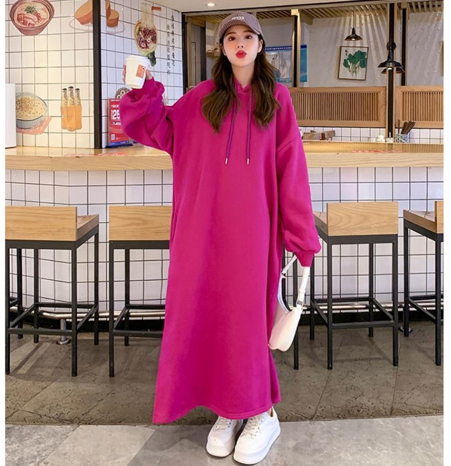모몰라티 빅사이즈 여성 오버핏 후드 기모 긴팔 원피스
