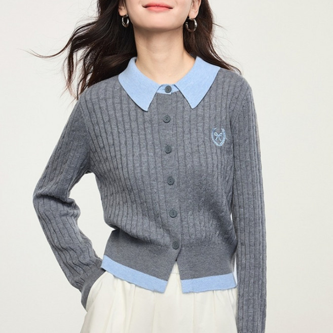 lofei 여성 니트 상의 카라 포인트 긴팔 CS14