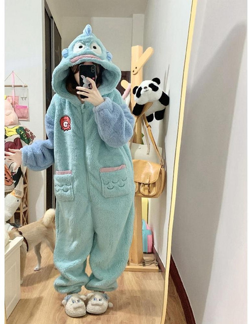 한교동 잠옷 겨울 커플 극세사 홈웨어 긴팔 파자마 상어 동물잠옷 수면 바지 세트 빅사이즈