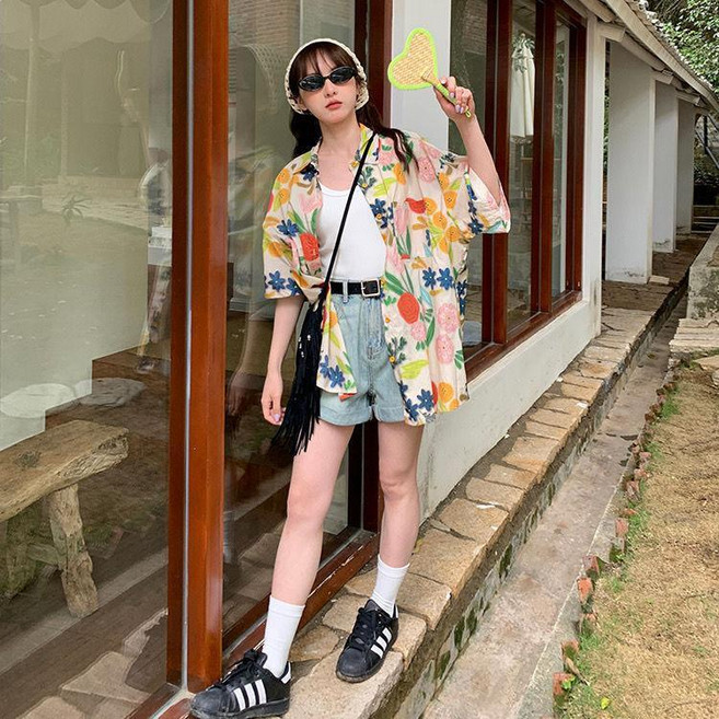 夏日油畫碎花寬鬆短袖襯衫女