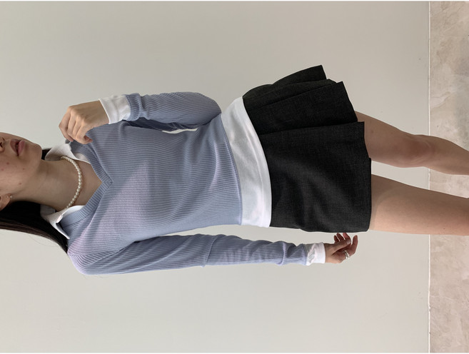 [미니마켓] 레이어드 오픈카라 롱슬리브 니트 티 3colors