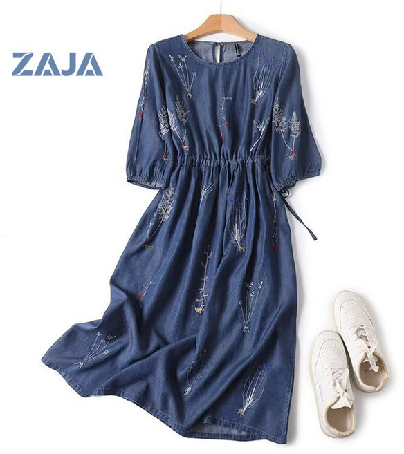 ZAJA 여성 여름 청원피스 자수 루즈핏 라운드넥 롱 데일리