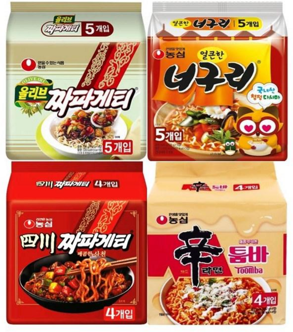 농심 라면 4종 짜파게티5p 너구리5p 사천짜파게티4p 신라면툼바4p 번들 세트, 18개