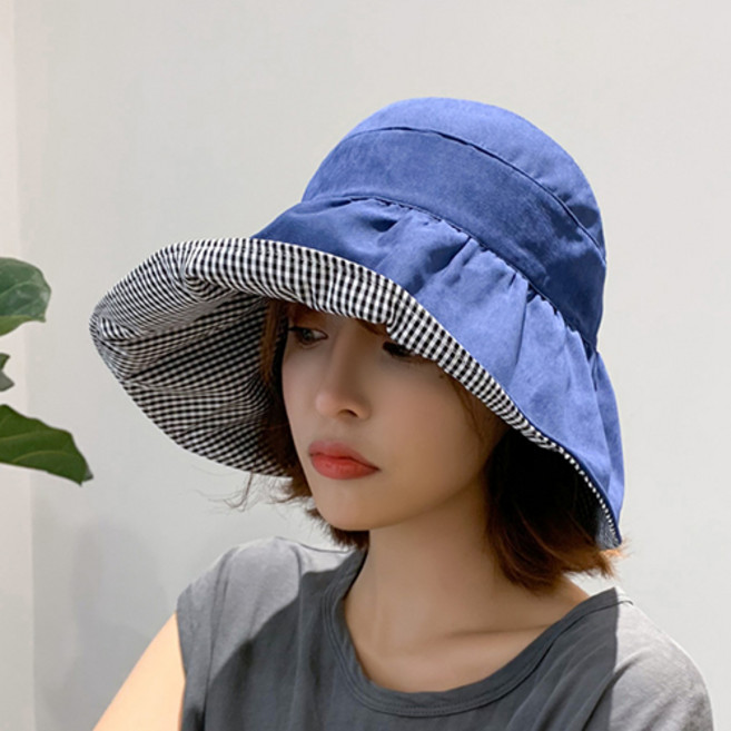 자외선 차단 체크 양면 돌돌이 모자 썬캡 피크닉 등산 선캡