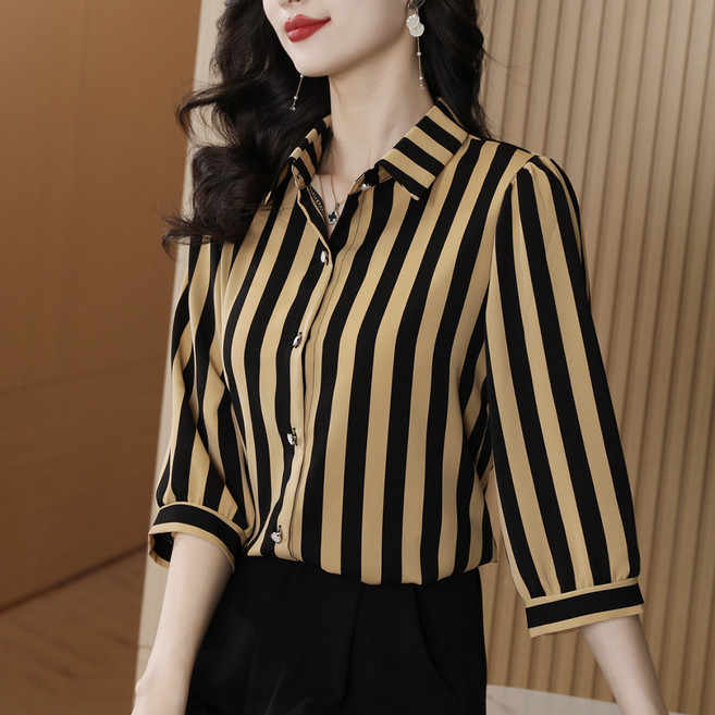 TIRA 여성 세련된 스트라이프 셔츠 오피스룩 루즈핏 7부소매 단추 블라우스 데일리 정장