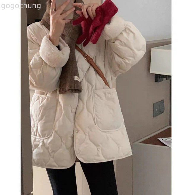菱格夾棉外套 女 冬季新款 寬鬆 仿羊羔毛棉衣