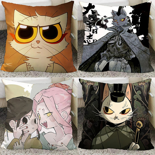 다이리사리 로그 무아키라 일지화 천수 고풍 귀여운 이차원 캐릭터 사각베개 무늬 소파쿠션 행복과 행운 양면 디자인 탈부착 가능 스트레스 해소 취미생활 인테리어 소품 새해 선물, 4, 35 x 35CM (솜포함 양면쿠션)