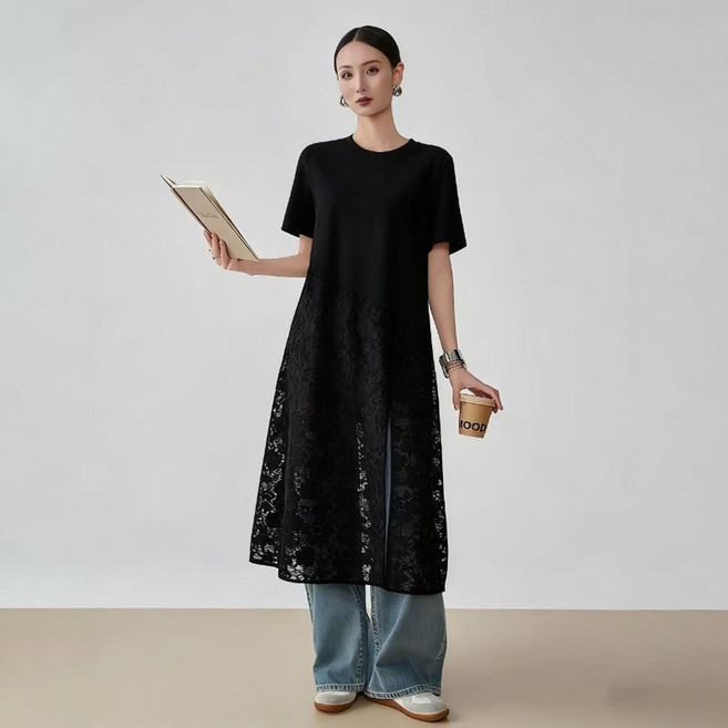 POMTOR 여름 여성 캐주얼 시크 루즈핏 언발 펀칭 레이스 반팔 라운드넥 티셔츠 트임 레이어드 원피스