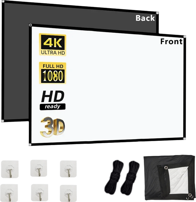 VEIDADZ 가정용 주름방지 고밀도 폴리에스터 빔프로젝터 스크린 휴대용 흑색 배면층, 60형, 16:9
