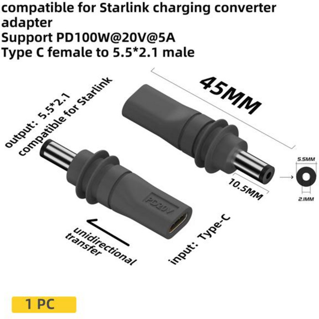 USBC Female-DC5521 전원 어댑터-Starlink Mini PD100W 커넥터 배럴 잭 어댑터, 04 1 x C To DC Adapter, 1개