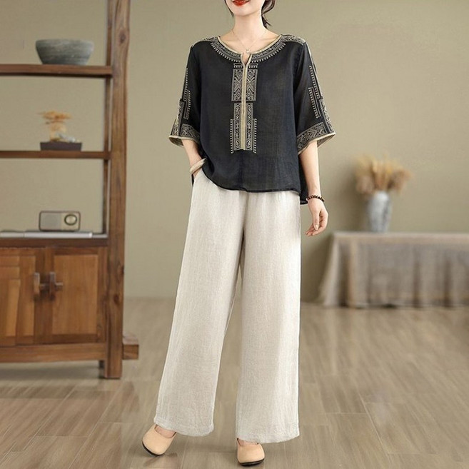 swygsqql 여름 여성 생활한복 개량한복 자수 티셔츠 와이드 팬츠 투피스 세트 고급느낌