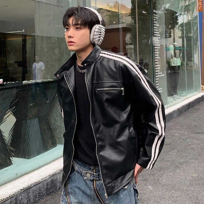 Asure 봄 가을 빈티지 스트라이프 오버핏 커플 가죽 점퍼 레더 코트