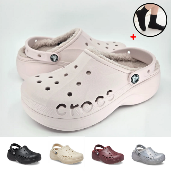 정품 크록스 바야 플랫폼 라인드 클로그 여성 슬리퍼 캠핑 사무실 통굽 키높이 방한 털 샌들 crocs 208708 탐나고 무지 양말