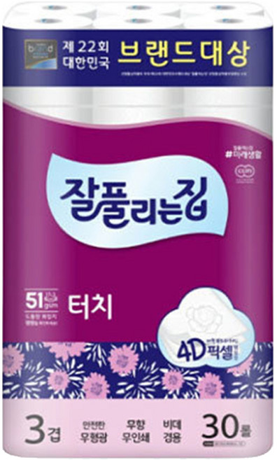 잘풀리는집 3겹 깨끗한 터치 화장지 25m, 1개, 30개입