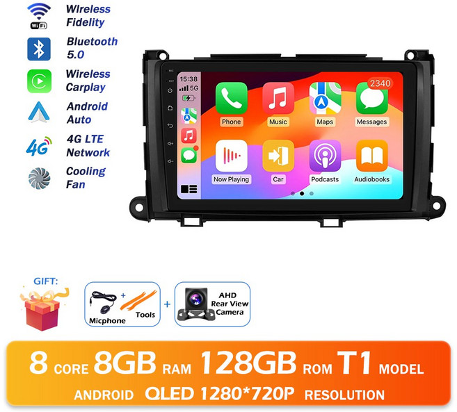 안드로이드 16 도요타 시에나 XL30 2010-2014 블루투스 분할 화면 GPS 네비게이션 무선 카플레이 자동 멀티미디어 플레이어 WIFI, T 8G 128G CAM