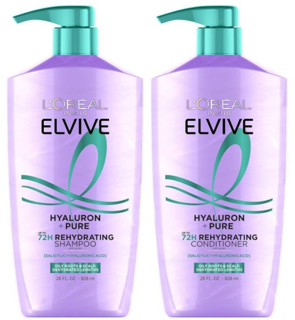 LOreal Paris 로레알 파리 엘비브 히알루론 퓨어 샴푸 및 컨디셔너 세트 클렌징 샴푸와 수분 공급 살리실산과 히알루론산 함유 1세트, LOreal Paris 로레알 파리 엘비브 히알루론 퓨, 1개