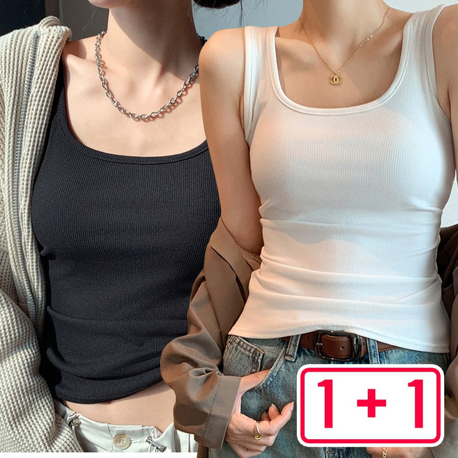 1+1 여성 스퀘어넥 나시 베이직 여름 슬림 골지 민소매 나시