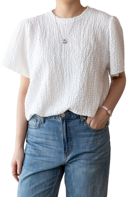 코코세븐 여성 빅사이즈 엠보 퍼프 소매 볼륨 블라우스 반팔 티셔츠