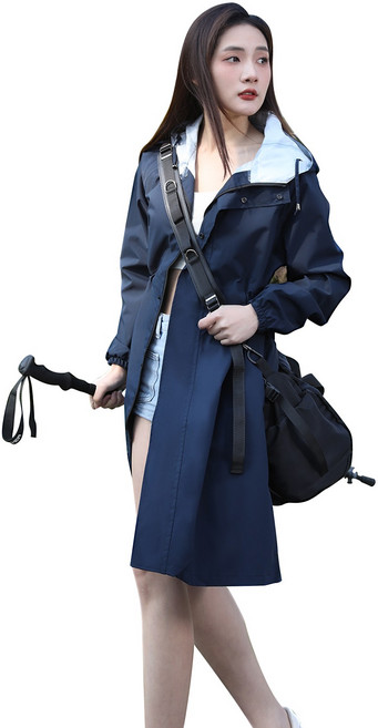 YANGTA 여성 골프 우비 롱 후드 자켓 방수 레인코트 경량 바람막이 휴대용 자외선 차단, 네이비, 1개