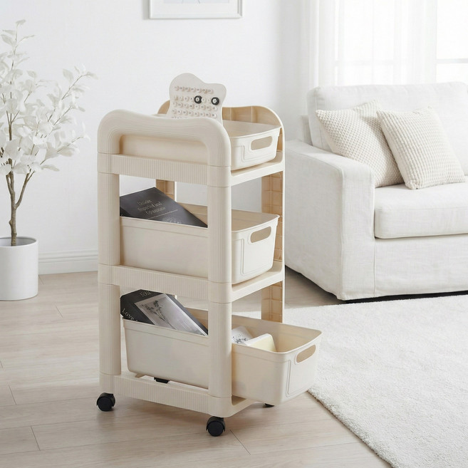리빙코아 이동식 트롤리 박스 수납 선반 다용도, 화이트, 3단