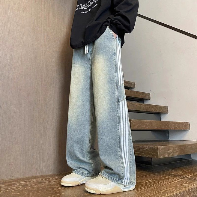 COSYEVNO 남성 청바지 봄가을 빈티지 옆 스트라이프 패션 와이드 팬츠