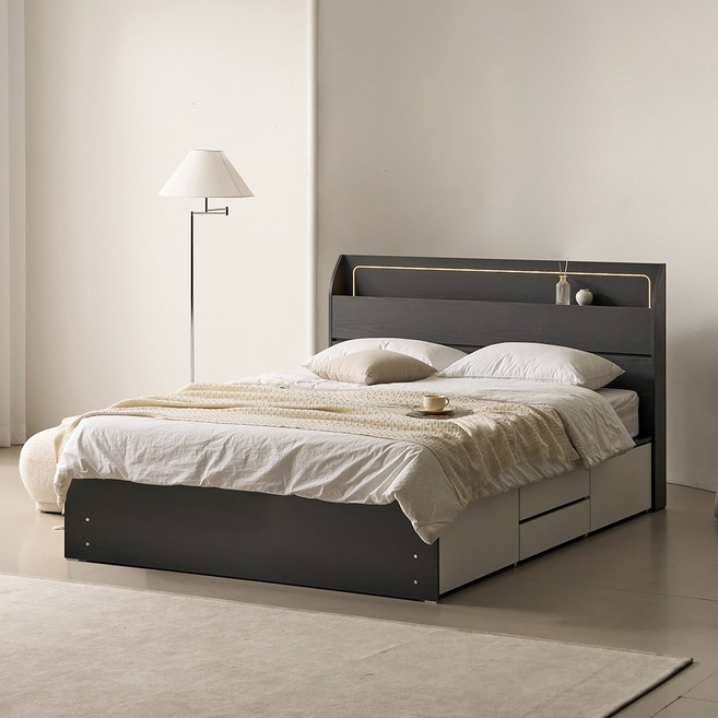 프린홈 라인 LED 2단 포서랍 슈퍼싱글/퀸 침대프레임+잇템 본넬 매트, 그레이화이트