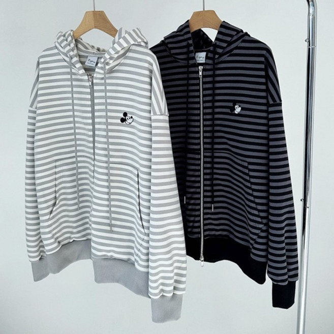 미키 스트라이프후드집업)디즈니정품 줄무늬 단가라 미키얼굴자수 미키마우스 루즈핏 줄티셔츠 박스핏 미키집업 모자집업 회색