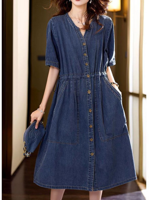 청치마 여성 봄 여름 반팔 데님 원피스 빅사이즈 루즈핏 슬림핏 원피스 캐주얼 얇은 원피스 LJX