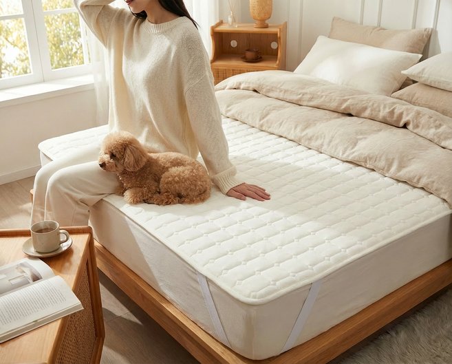 포니홈 사계절 방수패드 침대패드 누빔 매트리스 고정밴드, 퀼팅 아이보리