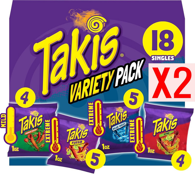 Takis 타키스 4가지맛(푸에고 블루히트 니트로 크런치 화이타) 믹스 18pc Fuego Blue Heat Nitro Crunchy Fajitas, 2개, 504g