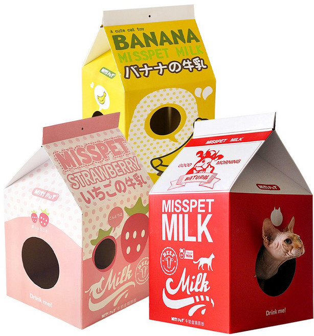 고양이 골판지스크래쳐 밀크박스 하우스, P-M-S 우유박스 딸기, 1개