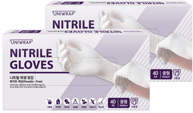 유니랩 니트릴 장갑 중형 화이트 40매x2개 요리 식품 다용도 셰프 위생장갑, 12cm, 2팩