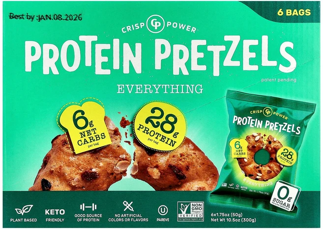 Crisp Power 프로틴 프레즐 에브리띵 백 6개 개당 50g(1.75oz) Power (크리스프 파워), 50g - 쿠팡