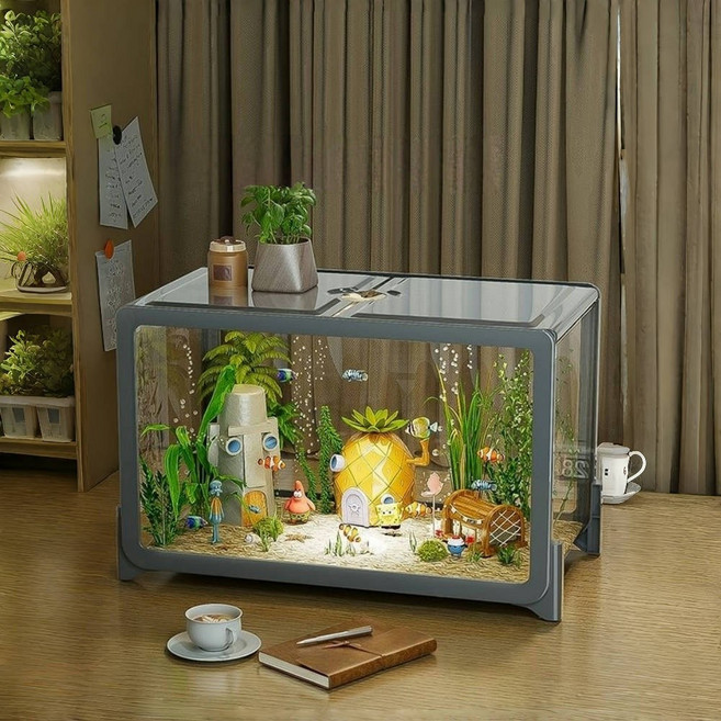 YAPOGI 수족관어항세트 안깨지는 가정용 조경용 아크릴 거북이 어항 투명 어항, 1세트, 그레이