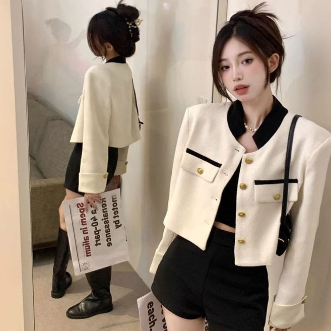 韓版時尚修身短版西裝外套 白色 女款秋季新款