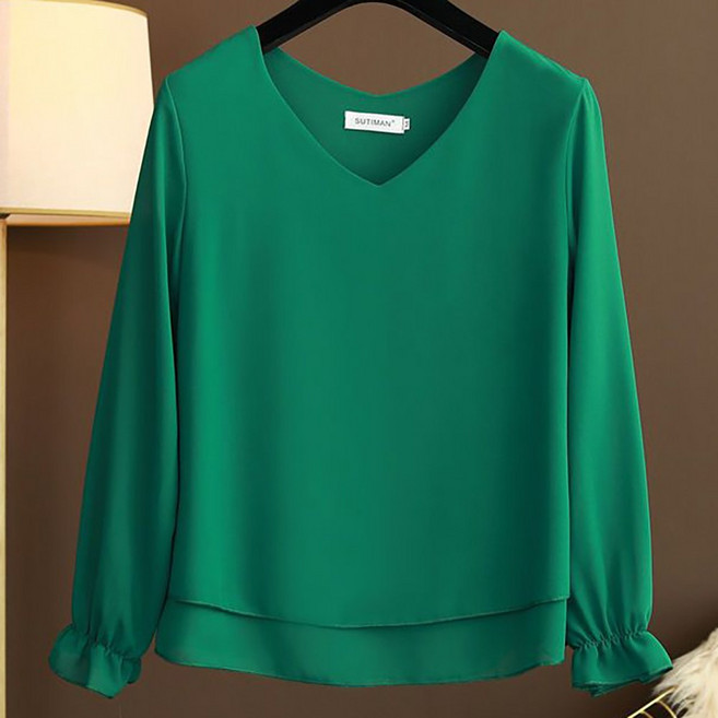 ROYALBELLE 여성 브이넥 긴팔 퍼프소매 얇은 빅사이즈 루즈핏 캐주얼 쉬폰 블라우스 V01020225